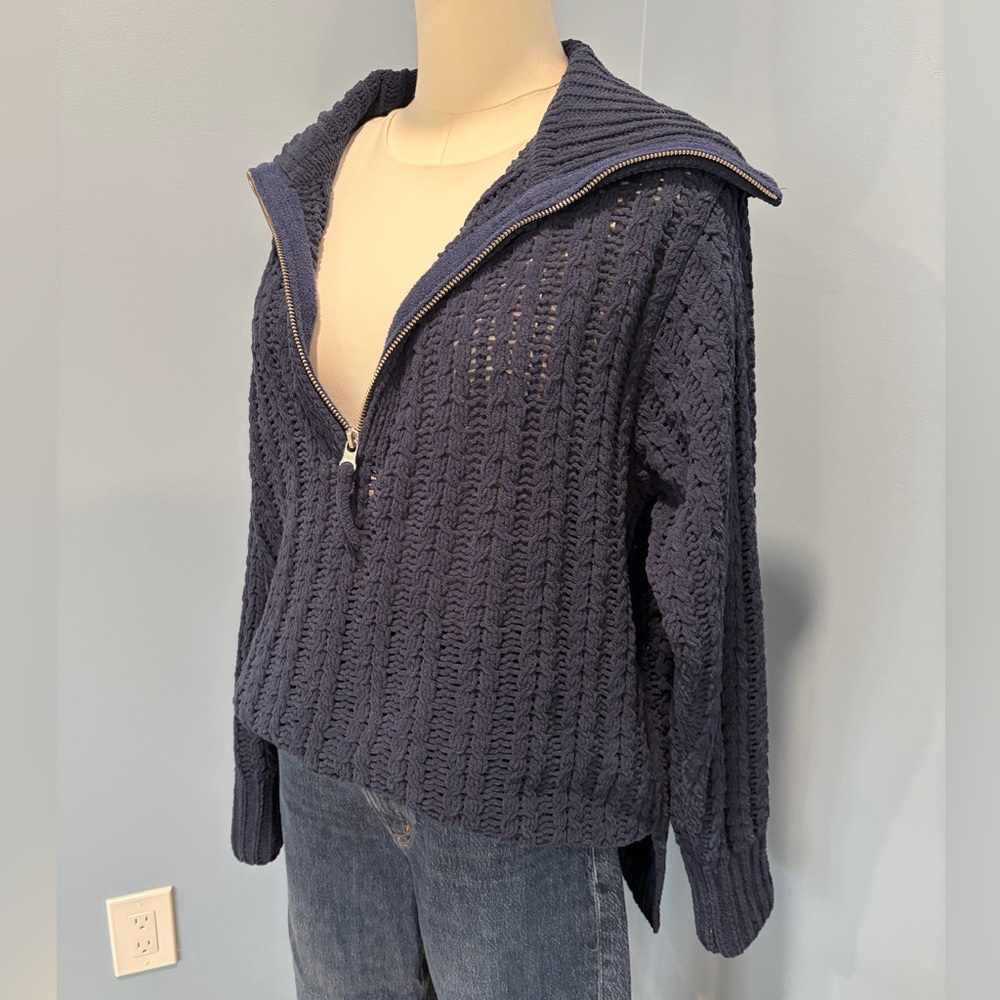 Aerie Navy Cable Knit Quarter Zip Sweater Women’s S Chunky Cotton Cozy Pullover
